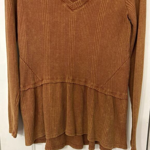 Guilded Intent Buckle Cotton Blend Brown Waffle Knit V Neck Peplum Hem Top New S - Picture 4 of 14